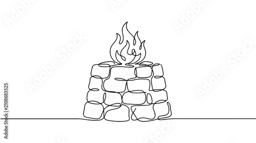 Ancient stone altar with burning fire flame. Continuous line art biblical concept vector illustration
