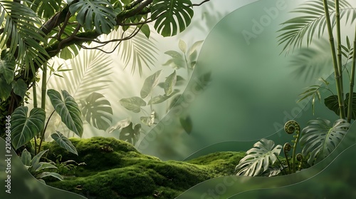 Abstract lush jungle background with layered translucent glass sheets mossy ground and exotic monstera leaves soft green ambient lighting magical forest scenery.