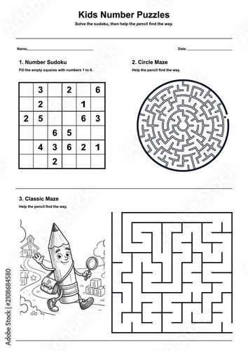 Kids Number Puzzle Worksheet with Sudoku and Mazes