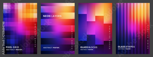 Abstract Poster Design Collection. Purple and orange neon gradients with pixel grid patterns, ribbed glass textures and glowing background design for futuristic graphic design.