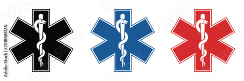 Quadro su tela Star of Life EMS vector icons featuring Rod of Asclepius medical symbol, emergency healthcare, ambulance service, rescue identification, and professional emergency response design