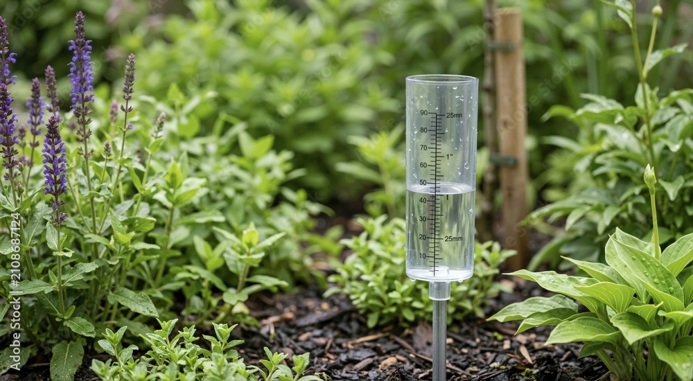 Obraz premium Clear plastic rain gauge filled with water in a lush green garden. Measuring cylinder with millimeter and inch markings surrounded by wet plants and purple flowers after rainfall