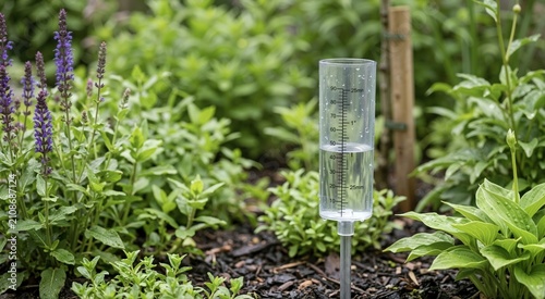 Clear plastic rain gauge filled with water in a lush green garden. Measuring cylinder with millimeter and inch markings surrounded by wet plants and purple flowers after rainfall