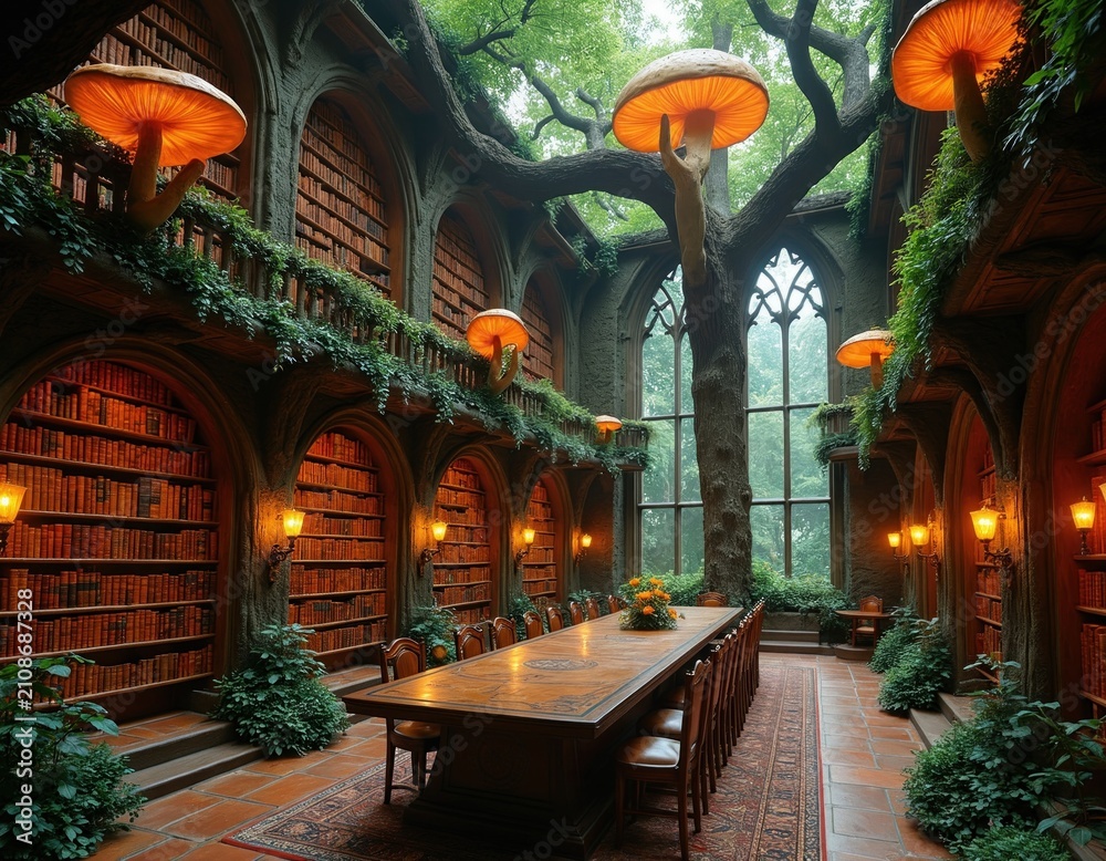 Obraz premium Grand fantasy library interior built inside living tree structure. Majestic wooden arches frame shelves filled with antique books. Glowing mushrooms provide soft ambient light across wooden floor.