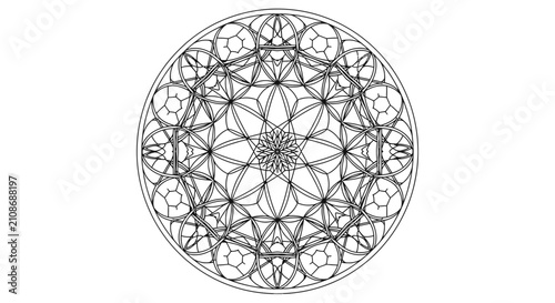 Принти на полотні Intricate black and white line art of a symmetrical circular geometric pattern resembling a mandala or a gothic rose window design