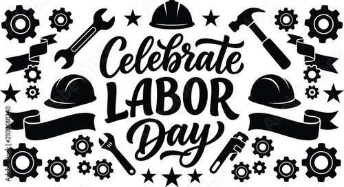 Labor Day Celebration Graphic with Tools and Hardhats