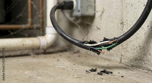 Severely chewed electrical power cable with exposed copper wires. Rodent damage to a black power cord plugged into a wall outlet. Dangerous electrical fire hazard and safety risk
