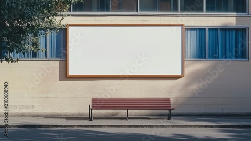 Blank billboard on building exterior with park bench.