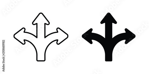 Three way vector icons featuring editable black and white branching arrows, route options, choice symbols, navigation, and user interface design.