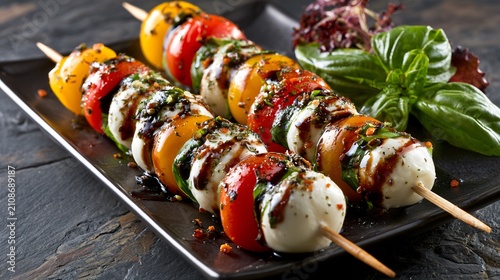 A Caprese skewer platter positioned at the edge of a vast limestone slab leaving dramatic negative space for advertising campaigns
