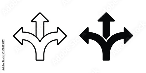 Three way vector icons featuring editable black and white branching arrows, route options, choice symbols, navigation, and user interface design.