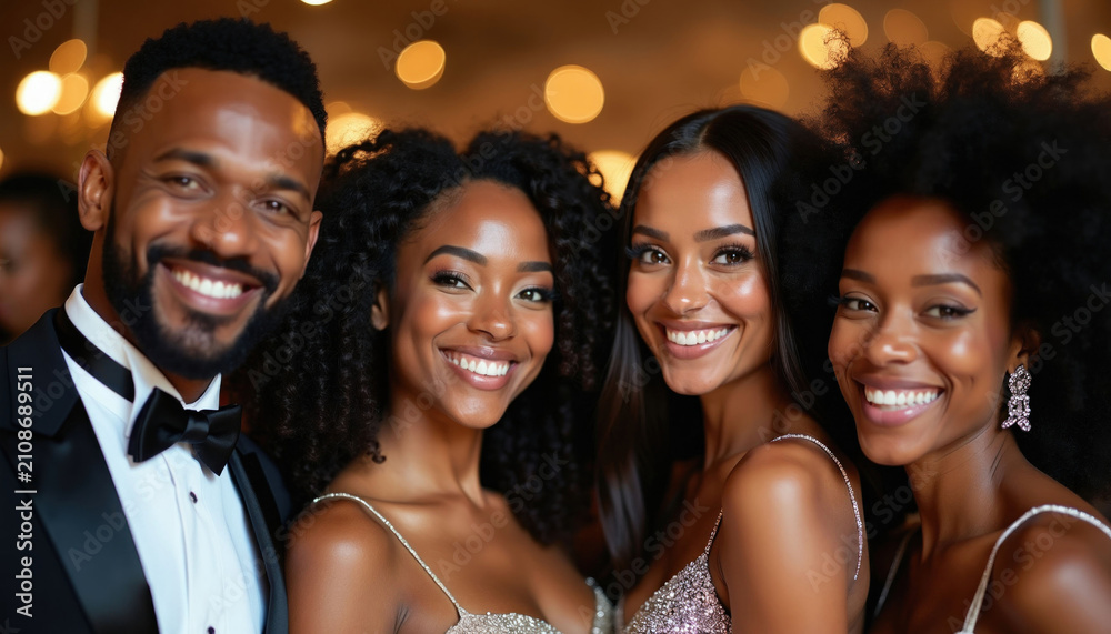 Obraz premium Diverse friends in formal attire smile at elegant gala event. People celebrate together looking happy and stylish, enjoying upscale social gathering.