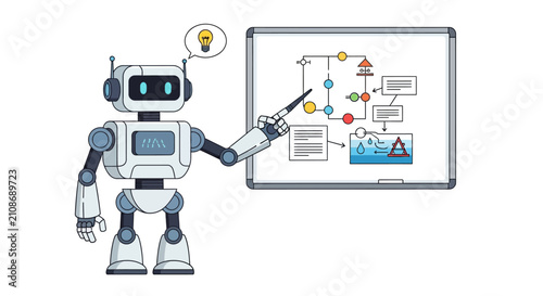Friendly robot teaching complex diagram on interactive whiteboard