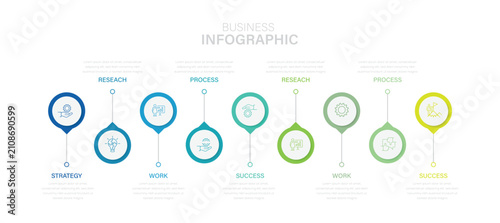 Business map timeline infographic design with 9 steps. digital marketing data presentation chart Vector illustration.
