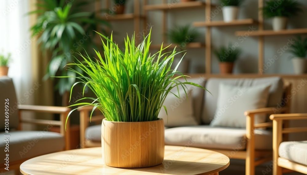 Obraz premium Green grass plant sits in round wooden pot on table. Bright living room interior features bamboo shelves with potted foliage decor. Eco friendly home design provides cozy atmosphere. Modern natural