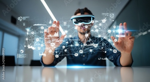 Man in VR Headset Interacting with Metaverse and Data Projections