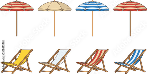 Quadro su tela Beach Sun Umbrella and Wooden Deck Chair Vector Set Featuring Striped Parasols a