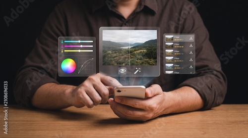 Professional mobile photo editing application interface for color correction and image enhancement, software retouching interface, adjustment, exposure, saturation