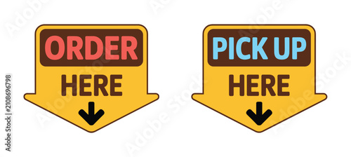 Fotografie Order Here, Pick Up Here Signs: Two distinct directional arrow signs, one indicating ORDER HERE and the other PICK UP HERE, guide customers clearly in a service environment