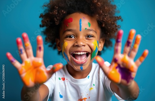 Cheerful African American boy with messy hands covered in bright paint smiles at camera. Happy child enjoys creative finger painting activity. Little kid wears white t-shirt  colorful pigments on