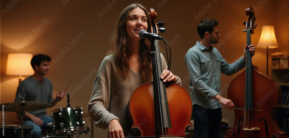 Fototapeta premium Young woman sings playing cello with bandmates drumming and playing double bass. Musicians practice together in rehearsal room. People enjoy making music.