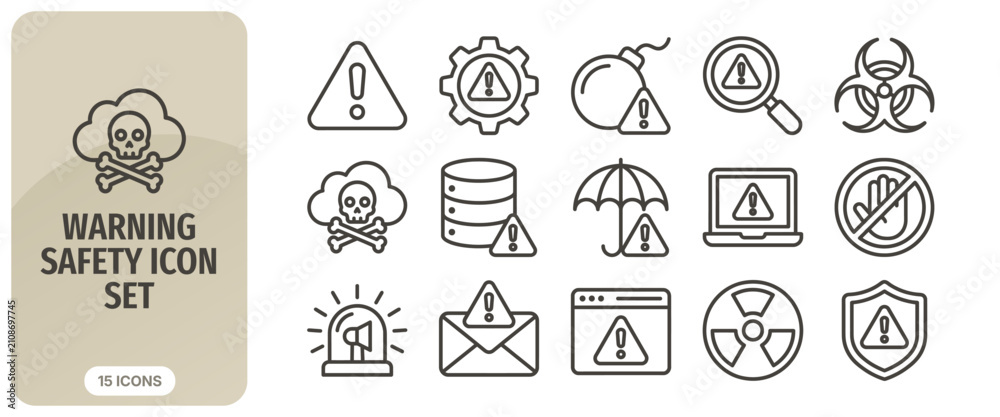 Fototapeta premium Warning safety icon set, danger and security alert signs, vector line icons