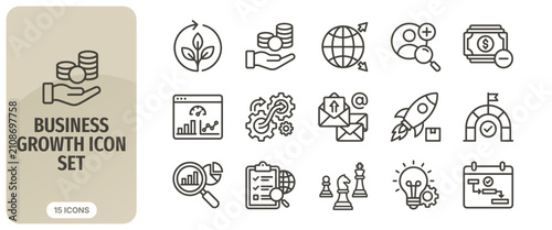 Business growth icon set, vector illustration of financial development, strategic planning, marketing analysis and project management symbols