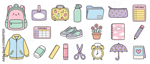 Canvastavla Back to school essentials icon set vector illustration with hand drawn backpack,