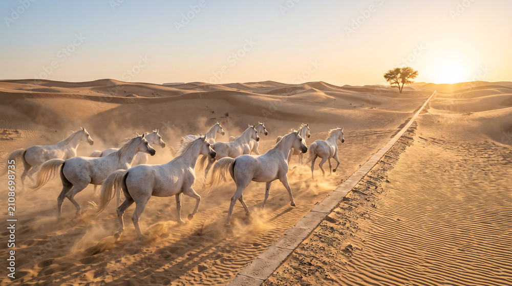 Obraz premium Troupeau de chevaux blancs courant dans les dunes au coucher du soleil