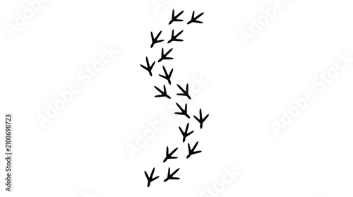 Minimalist vector illustration featuring a winding path of black bird footprints on a white background