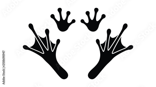Minimalist black vector illustration featuring detailed frog footprints arranged symmetrically on a clean white surface