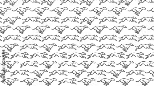Seamless vector pattern featuring stylized greyhound dogs running in a simple black and white design