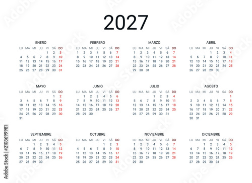 2027 year Spanish calendar in Spanish language. Classical, minimalistic, simple design. White background. Vector Illustration. Week starts from Monday.