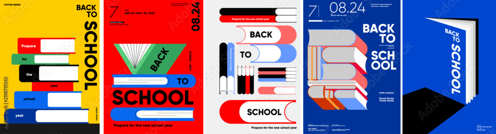 Obraz premium Five back-to-school poster designs feature bold typography and stylized books across red, blue, yellow, green, black and white geometric layouts with dated school-year messaging.