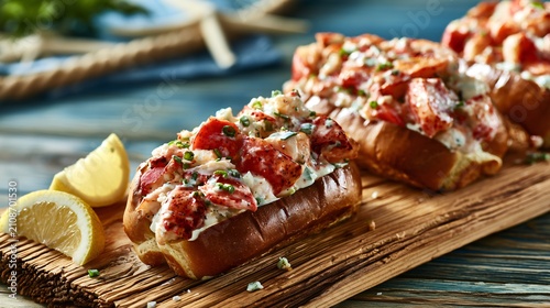 Classic Maine-style Lobster Rolls served on rustic cedar boards beside fresh lemon wedges and ocean-inspired decor