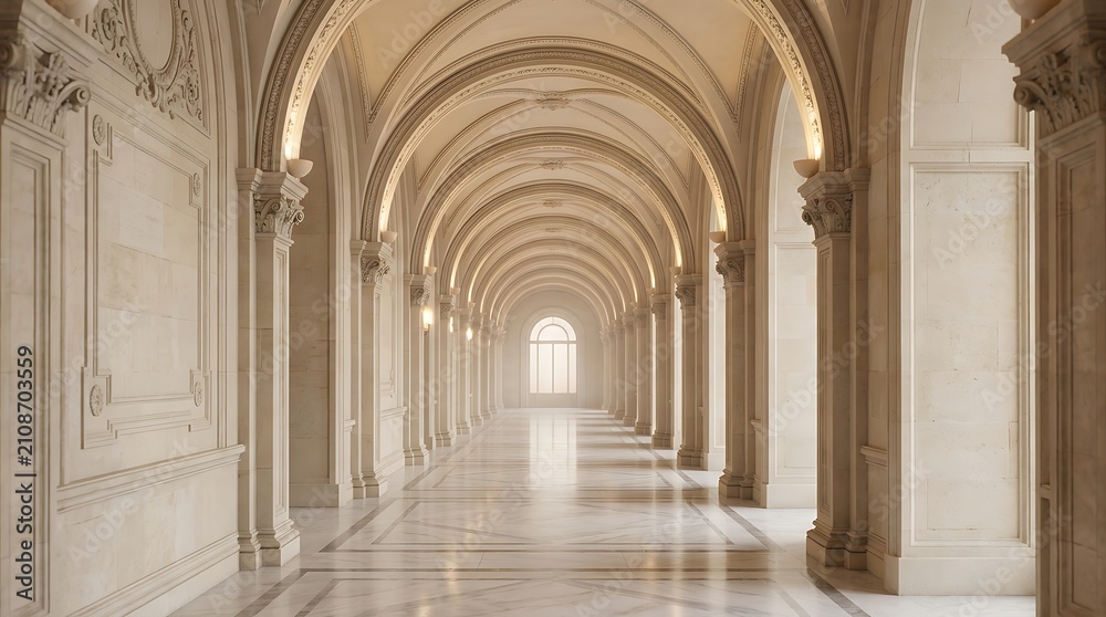 Obraz premium Long, arched stone corridor with warm lighting and decorative pillars background
