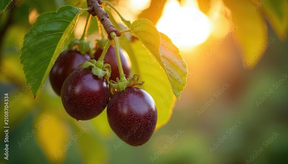 Fototapeta premium Ripe purple passion fruits hang on tree branch in garden. Organic tropical fruit grows under sun light. Natural harvest of fresh produce for healthy diet. Green leaves surround juicy plant stems.