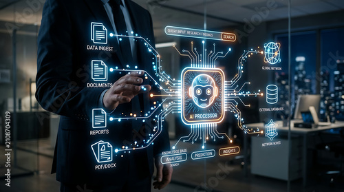 Ai agent, workflow - Businessman interacting with an advanced AI agent workflow interface for automated data processing, document analysis, and predictive business insights.