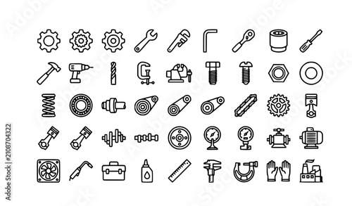 Foto Black and White Mechanical Workshop Icon Pack with Engineering Tools and Machine