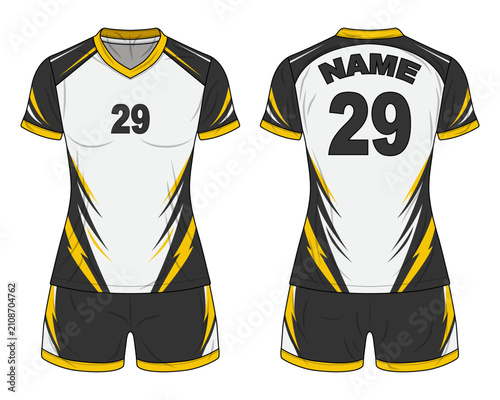 Women Volleyball Uniform Jersey Mockup Template with Black, White, and Yellow Lightning Bolt Design Front and Back View