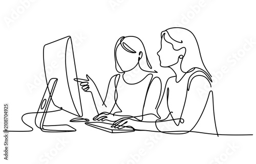 Continuous single line drawing of two women working together at a computer office desk looking at the screen and pointing at something Vector, illustration