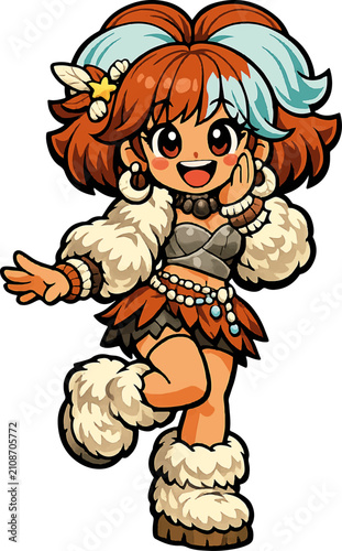 Cute Prehistoric Stone Age Cartoon Cavegirl Mascot Vector Character Illustration | Editable AI Illustrator