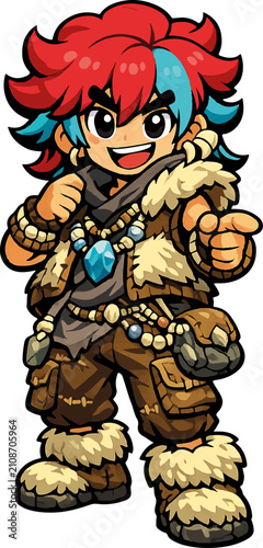 Cute Prehistoric Stone Age Cartoon Caveman Boy Mascot Vector Character Illustration | Editable AI Illustrator