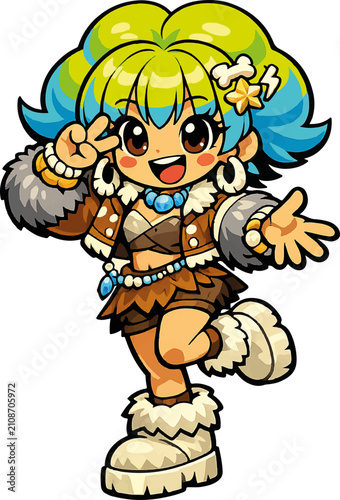 Cute Prehistoric Stone Age Cartoon Cavegirl Mascot Vector Character Illustration | Editable AI Illustrator