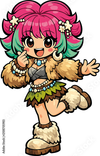 Cute Prehistoric Stone Age Cartoon Cavegirl Mascot Vector Character Illustration | Editable AI Illustrator