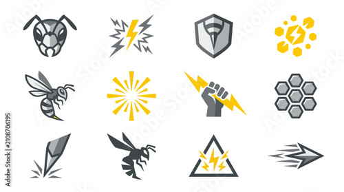 Wasp mascot and electric power shield icons collection