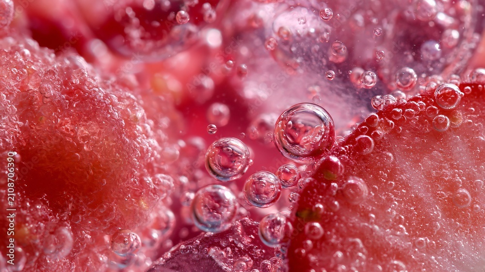 Obraz premium A macro texture study focusing on citrus pulp, strawberry flesh, ice cubes, and sparkling lemonade bubbles
