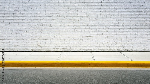 Clean white brick wall, concrete sidewalk, and bright yellow curb beside asphalt