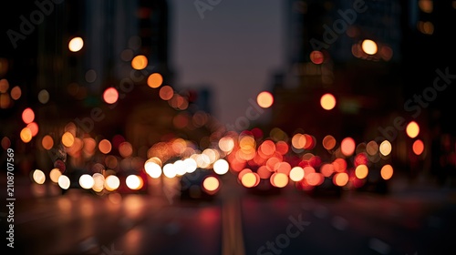 Out-of-focus city street at night with glowing bokeh lights creating an abstract mood