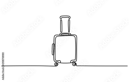 Continuous single line drawing of a travel suitcase with wheels and handle for luggage and vacation concept Vector, illustration